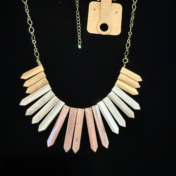 Vintage Mixed Metal Spike Bib Necklace Gold Silver &  Rose Gold Geometric Collar - Picture 2 of 7